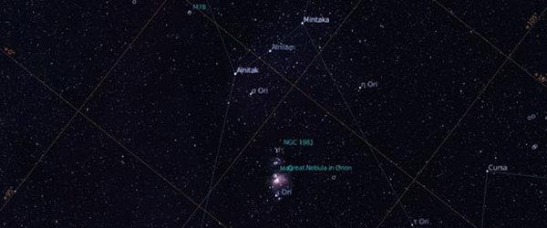 Nebula Orion. Tekan N untuk menunjukkan label-label nebula. Tampilkan juga garis rasi bintang, tekan C untuk menampilkan atau menyembunyikannya.